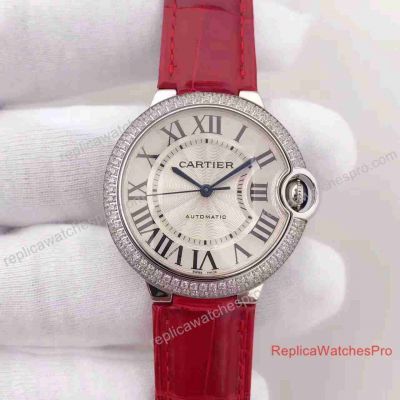 Replica Ballon Bleu De Cartier Ladies Watch Diamond Bezel Red leather band